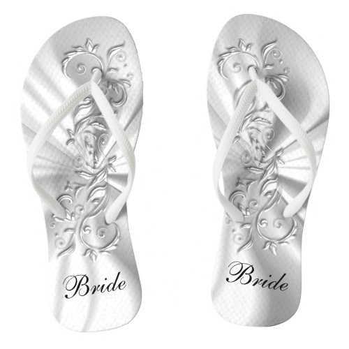 White Satin  Silver Ornate Design  Bride Flip Flops