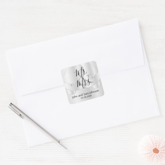White Satin Wedding Bells | Personalized Square Sticker (Envelope)