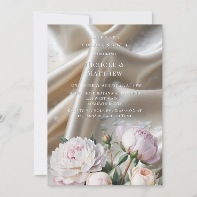 White Satin with Roses and Peony Couples Shower Invitation (Front)