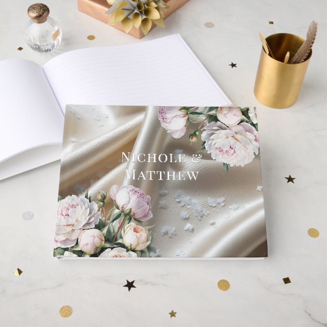 White Satin with Roses and Peony Wedding Guest Book (Front Open)