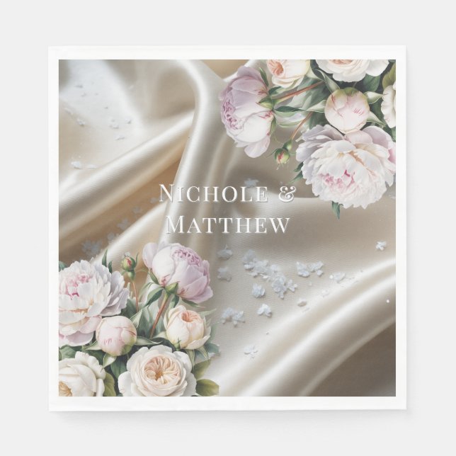 White Satin with Roses and Peony Wedding Napkins (Front)