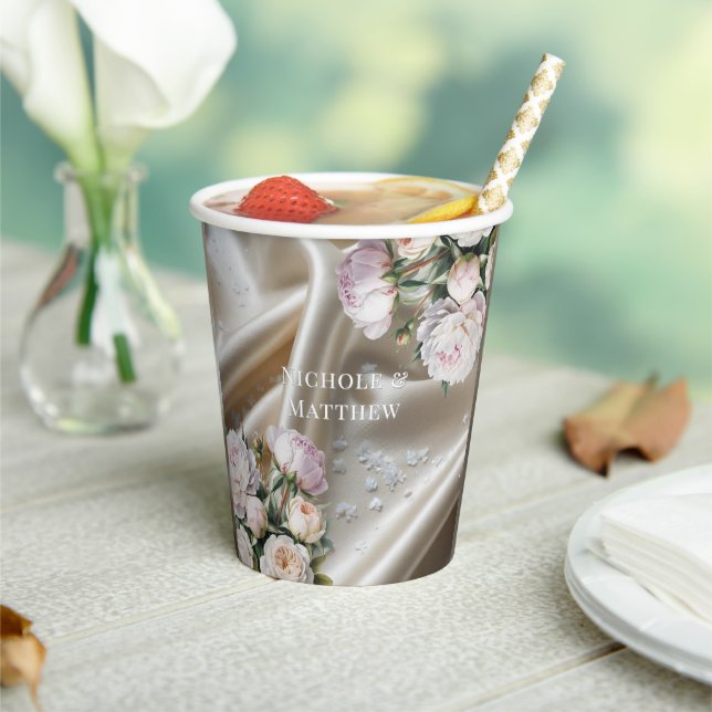 White Satin with Roses and Peony Wedding Paper Cups (Insitu)