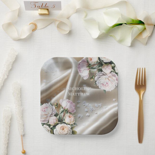 White Satin with Roses and Peony Wedding Paper Plates (Wedding)