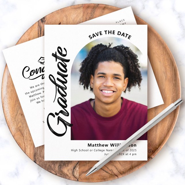 White Save Date Graduation Photo Arch Black Script Invitation Postcard (Creator Uploaded)