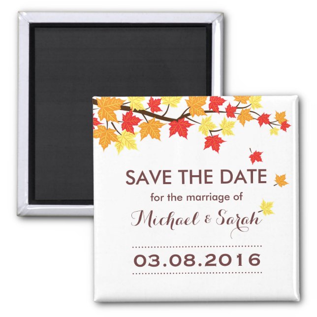White Save The Date Maple Leaf Fall Wedding Magnet (Front)