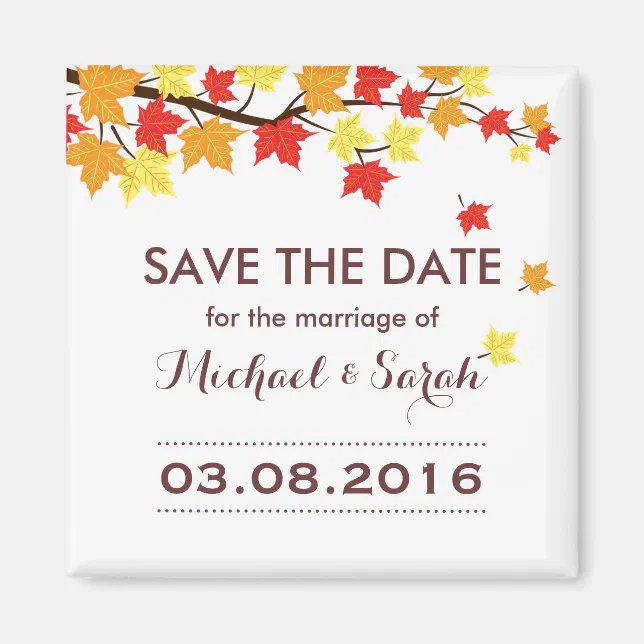 White Save The Date Maple Leaf Fall Wedding Magnet | Zazzle