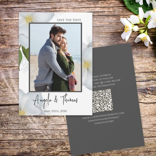 White Save the Date Photo QR Code Floral Magnolia