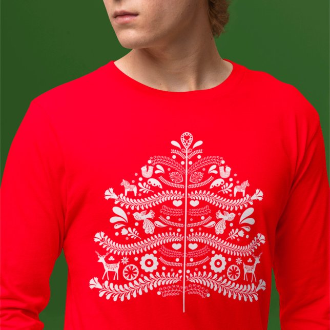 White Scandinavian Folk Art Nordic Christmas Tree T-Shirt (Creator Uploaded)