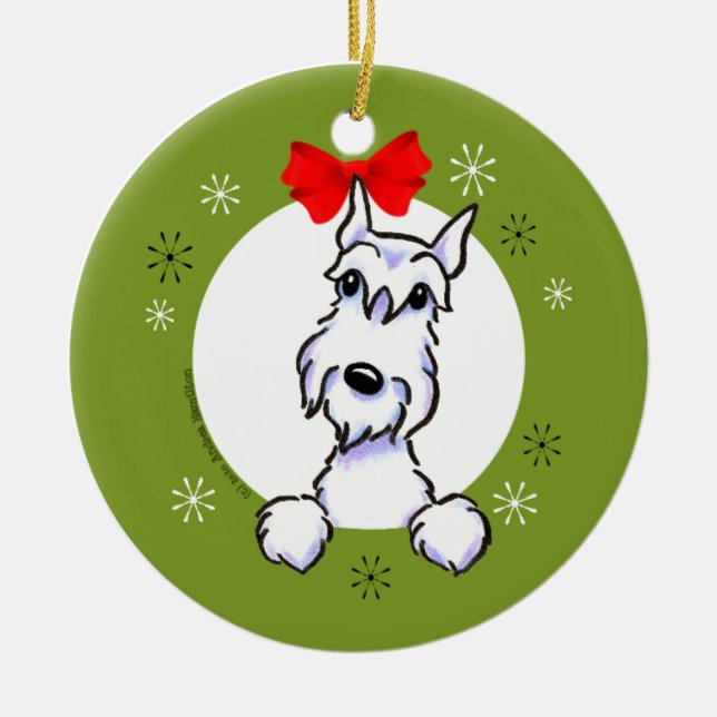 White Schnauzer Cropped Ears Christmas Classic Ceramic Ornament (Front)