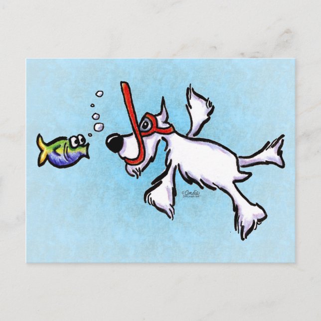 White Schnauzer Snorkeling Off-Leash Art™ Postcard (Front)