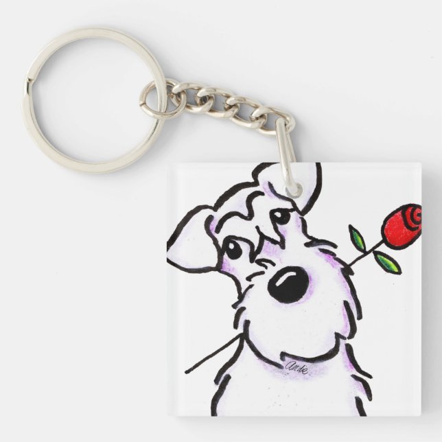 White Schnauzer Sweetheart Rose Keychain (Front)