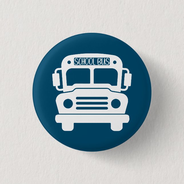 White School Bus on Blue Background Button (Front)