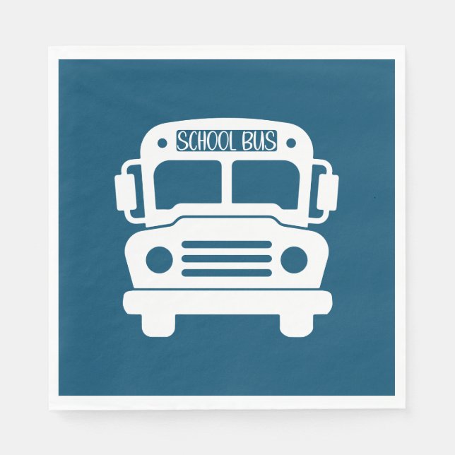 White School Bus on Blue Background Napkins (Front)