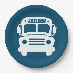 White School Bus on Blue Background Paper Plates