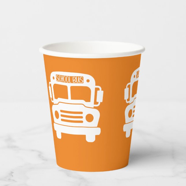 White School Bus on Orange Background Paper Cups (Front)