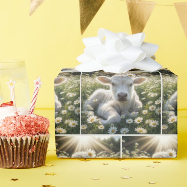 White Scottish Highland Calf In Daisies Wrapping Paper (Birthday Party)