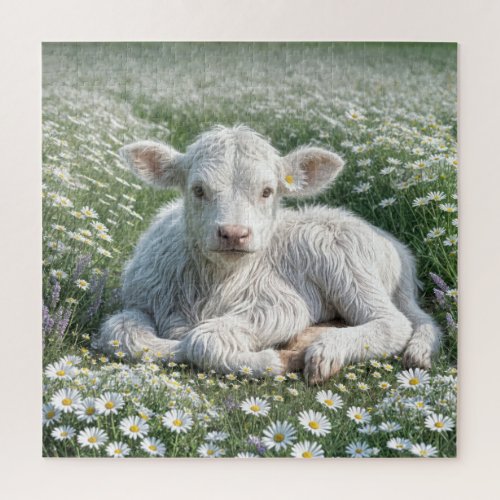 White Scottish Highland Calf In Daisy Meadow Jigsaw Puzzle