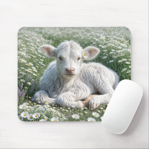 White Scottish Highland Calf In Daisy Meadow Mouse Pad