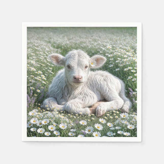 White Scottish Highland Calf In Daisy Meadow Napkins (Front)