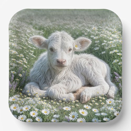 White Scottish Highland Calf In Daisy Meadow Paper Plates