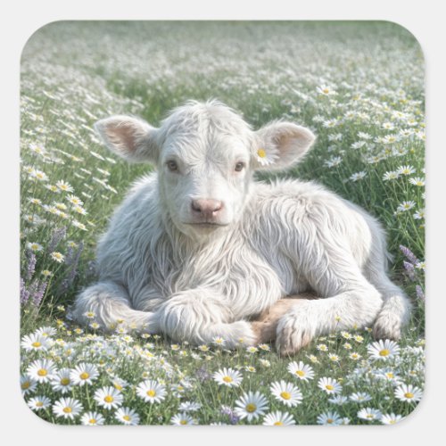 White Scottish Highland Calf In Daisy Meadow Square Sticker