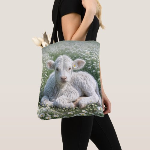 White Scottish Highland Calf In Daisy Meadow Tote Bag