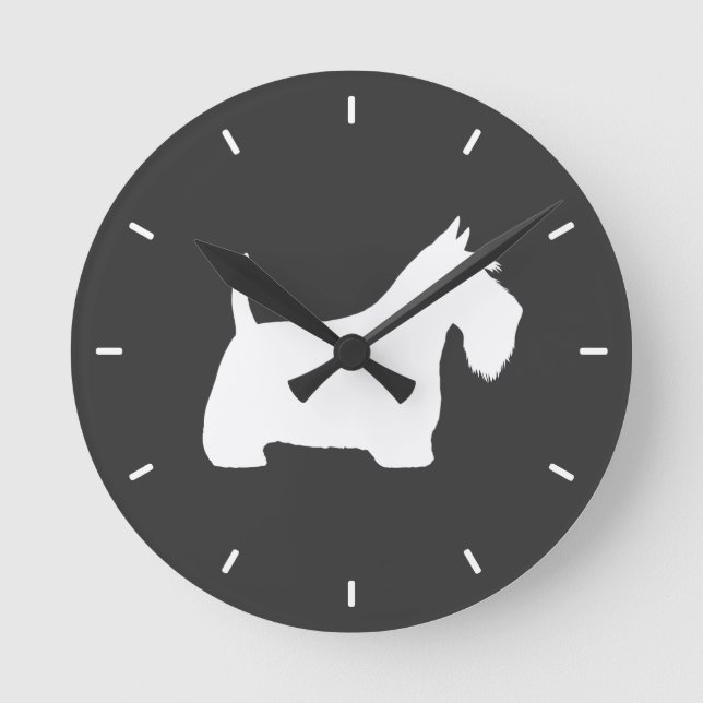 White Scottish Terrier Silhouette Round Clock (Front)