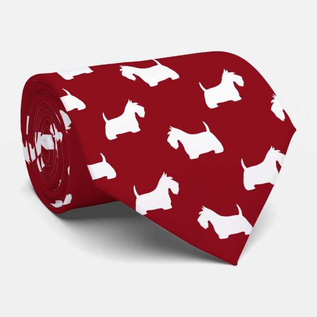 White Scottish Terrier Silhouettes Pattern Red Tie (Rolled)
