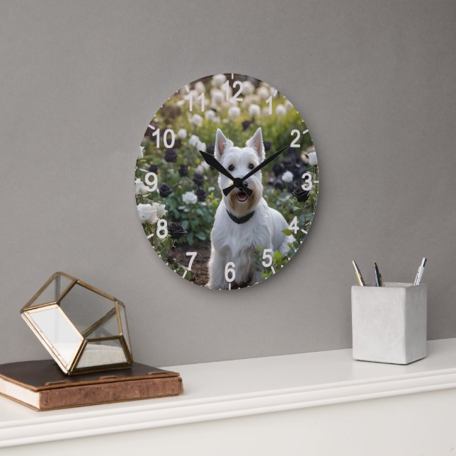 White Scottish Terrier With Black White Roses, Large Clock (Office)