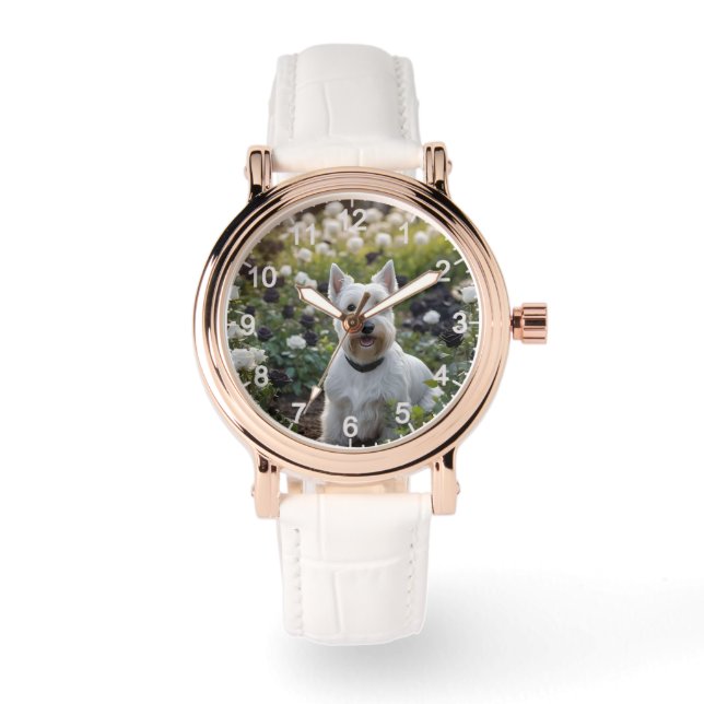 White Scottish Terrier With Black White Roses, Watch (Front)
