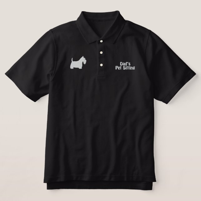 White Scottish Terrier with Customizable Text Embroidered Polo Shirt (Design Front)