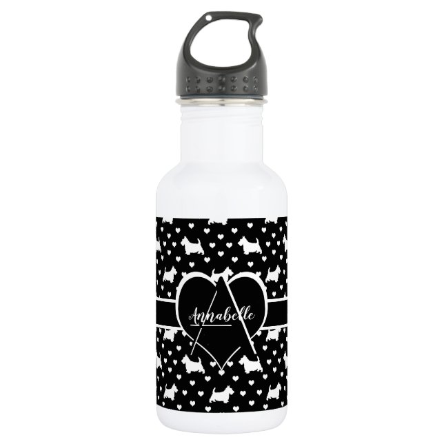 White Scottish Terriers (Scottie Dogs) - Black Stainless Steel Water Bottle (Front)