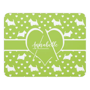 White Scottish Terriers (Scottie Dogs) Lime Green Door Sign