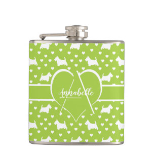 White Scottish Terriers (Scottie Dogs) Lime Green Flask