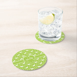 White Scottish Terriers (Scottie Dogs) Lime Green Round Paper Coaster