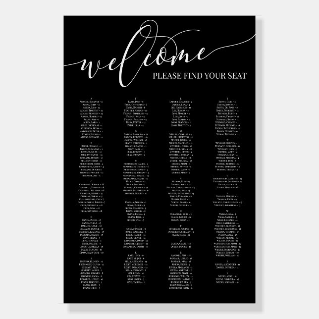 White Script 200+ Seating Chart Any Event Foam Board (Front)