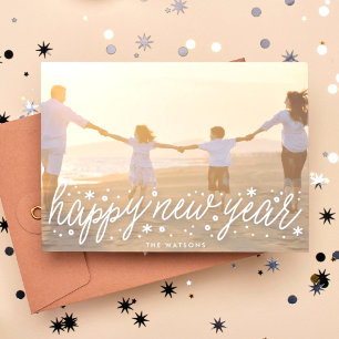 White Script Big Photo Happy New Year Holiday Card