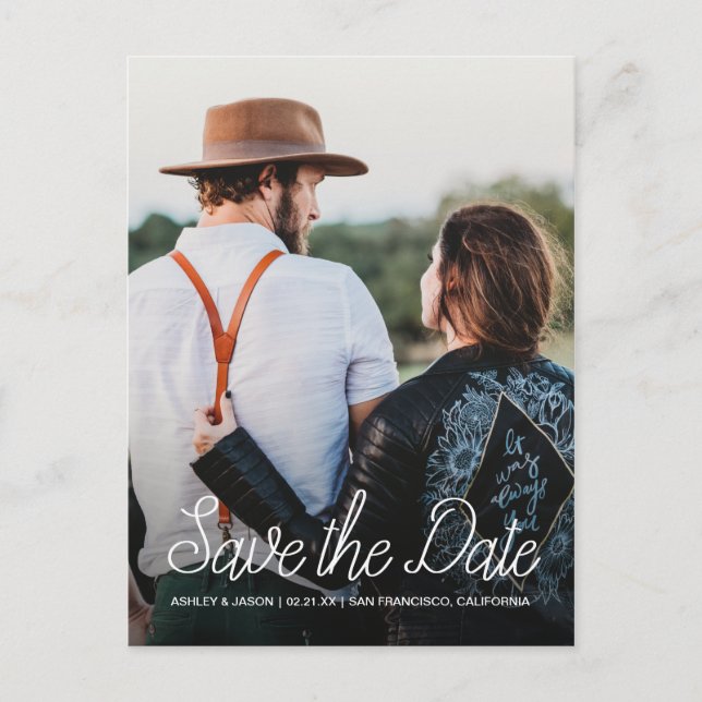 White Script Boho Save the Date Photo Announcement Postcard (Front)