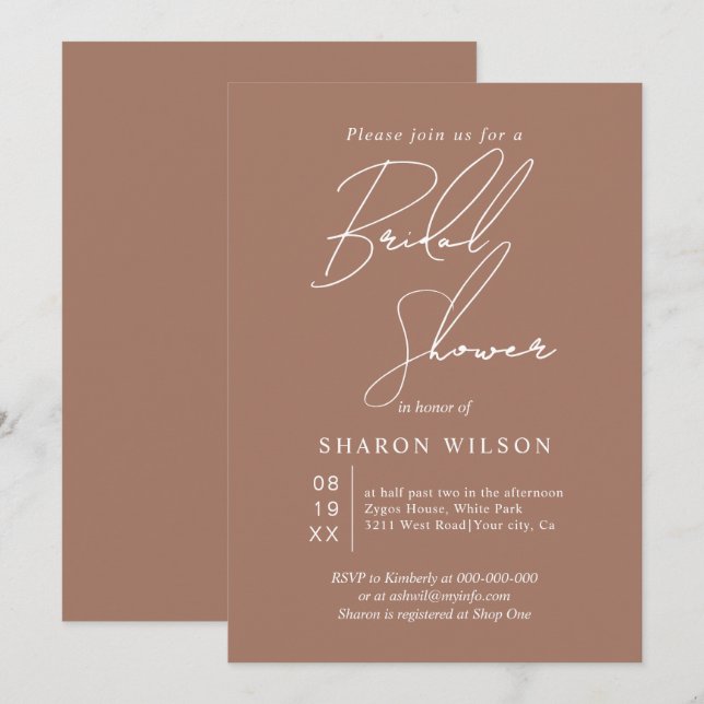 White script calligraphy mocha brown Bridal shower Invitation (Front/Back)