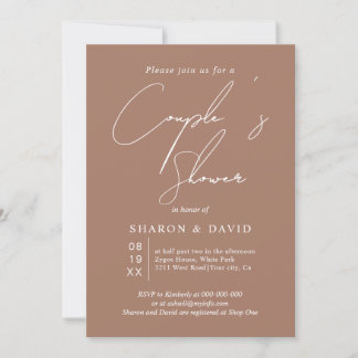 White script calligraphy mocha couple's shower invitation