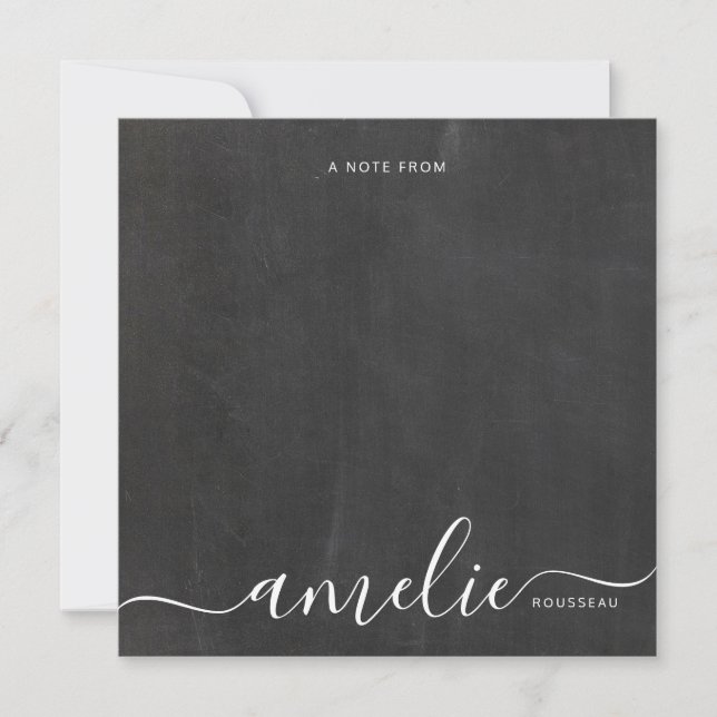 White Script Calligraphy Monogram Chalkboard Note Card (Front)