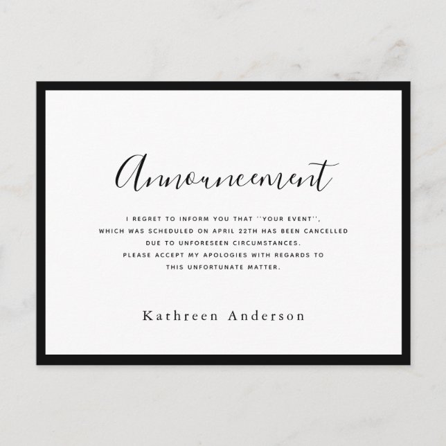 White Script Cancellation Announcement Postcard (Front)