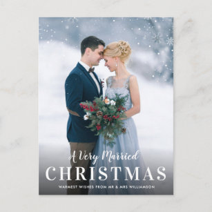 White script christmas wedding announcement postcard