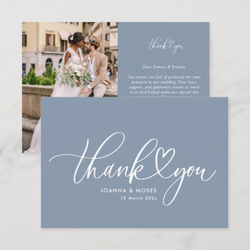 White Script Dusty Blue Wedding Thank You Card