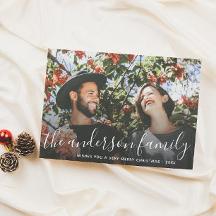 White Script Family Name Christmas Holiday Photo Card