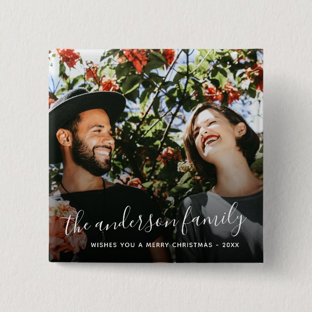 White Script Family Name Christmas Holiday Photo Pinback Button (Front)