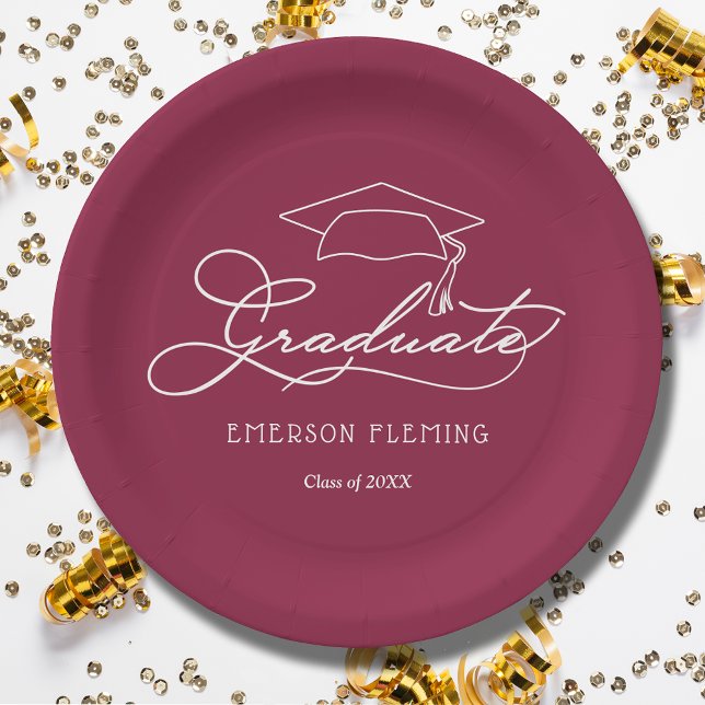 White Script Grad Cap on Maroon Graduation Paper Plates (White script grad cap on maroon personalized graduation party paper plates, napkins in our store)