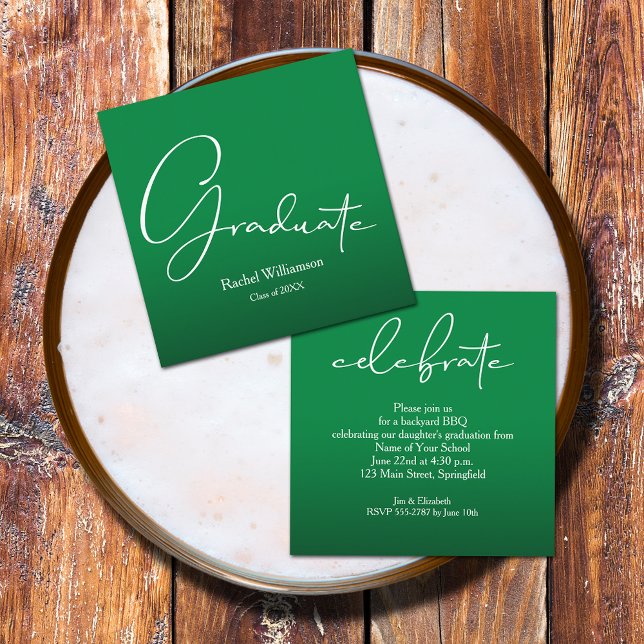 White Script Graduate Green Party Enclosure Card (Small 2.5" x 2.5" invitations to hand out or mail with your graduation announcements (no envelopes))