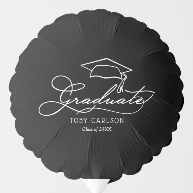 White Script Graduate on Black Balloon (Front)
