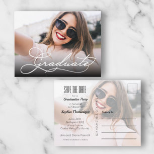 White Script GRADUATE Photo Save the Date Postcard